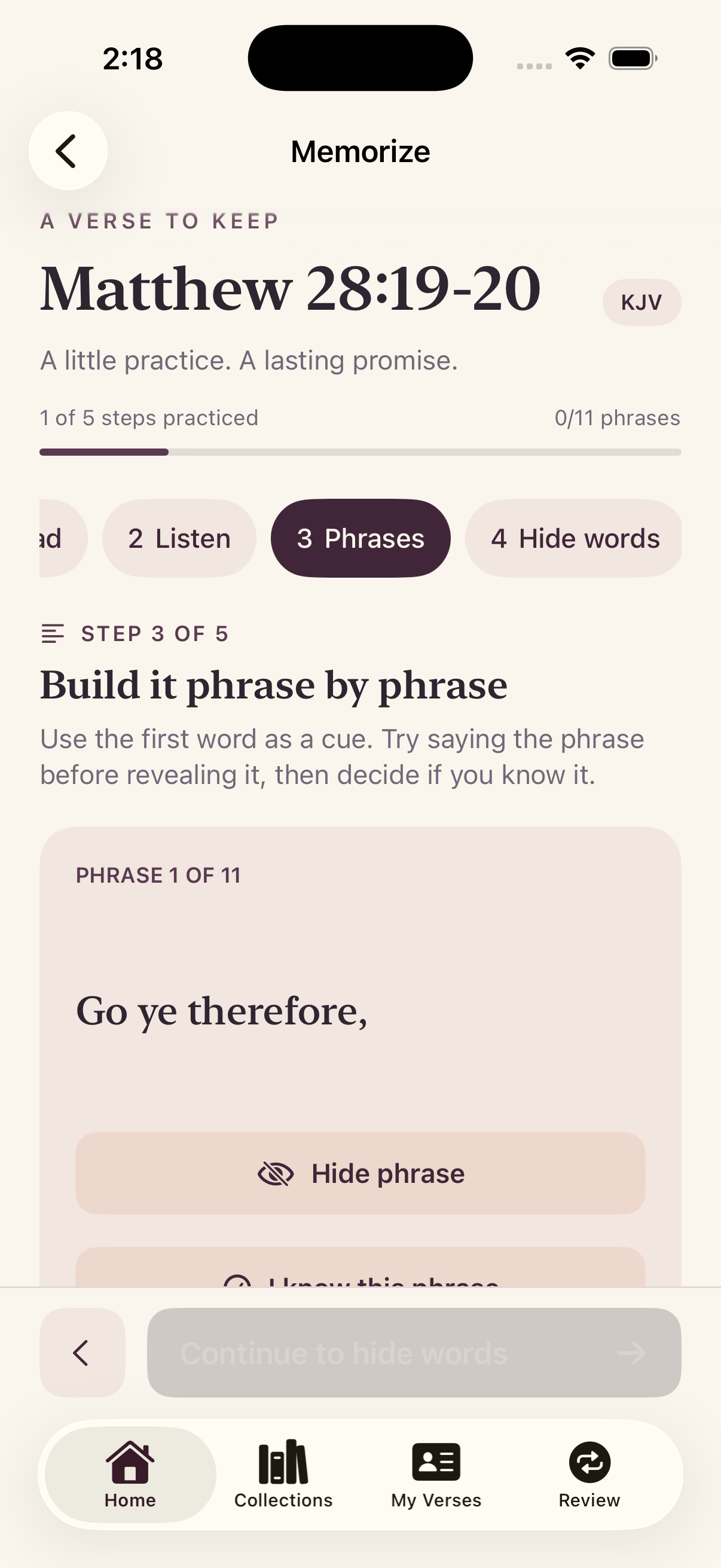 SimplyMemorize phrase practice for Matthew 28:19–20 in the KJV